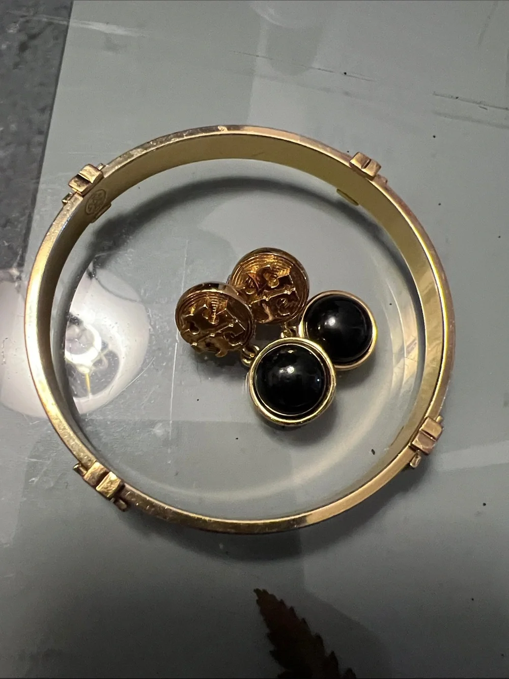 Tory Burch Gold-Tone Bangle and Black Cabochon Clip Earrings